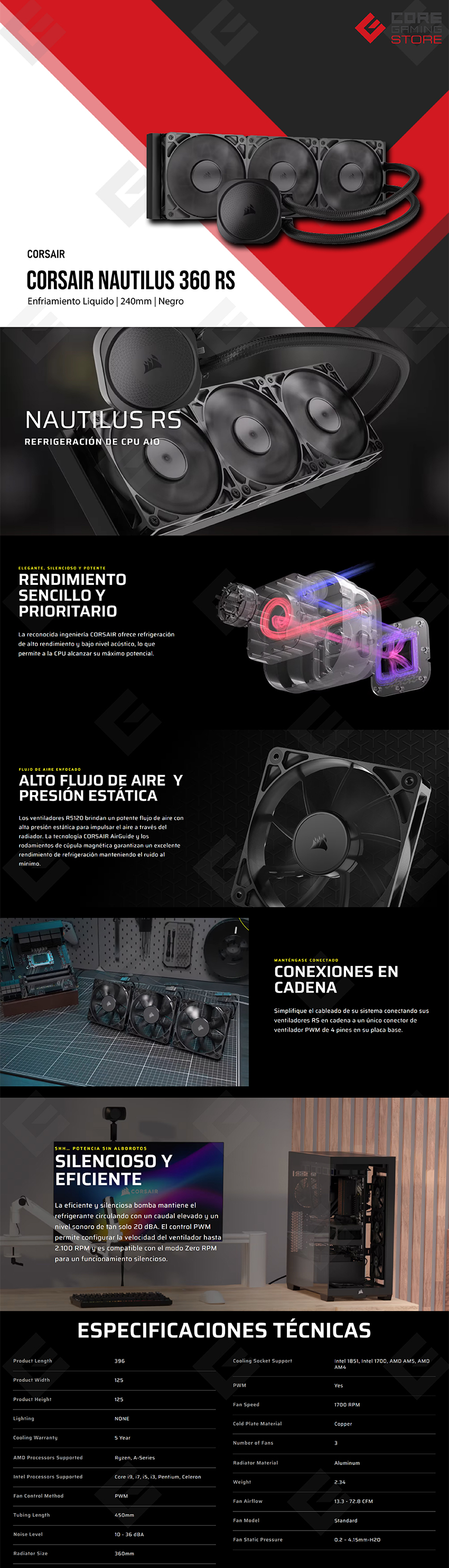 Enfriamiento Líquido Corsair NAUTILUS 360 RS, 360mm, 3 Ventiladores, PWM, Negro - CW-9060089-WW