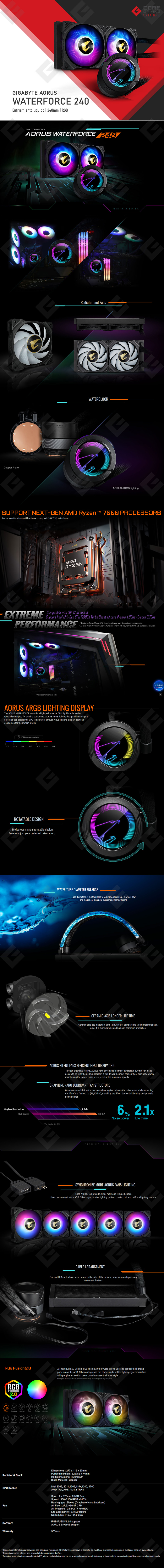 Enfriamiento Liquido Gigabyte Aorus Waterforce 240, 2 Ventiladores ARGB, 240mm, RGB Fusion 2.0 - GP-AORUS WATERFORCE 240