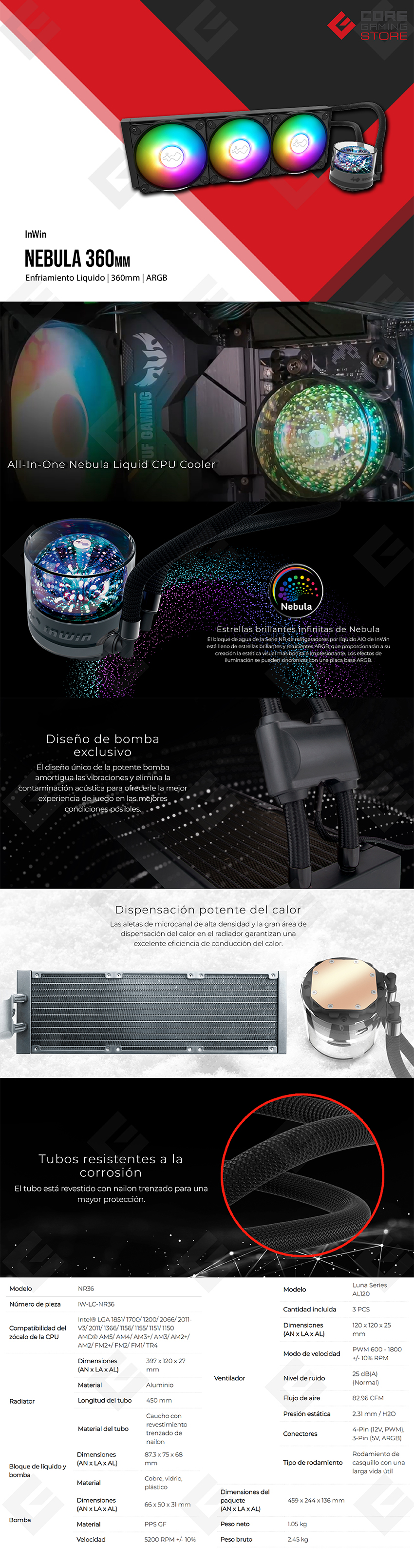 Enfriamiento Líquido In Win NR36 Sistema Nebula, 360mm, 3 Ventiladores, ARGB, Negro - NR36