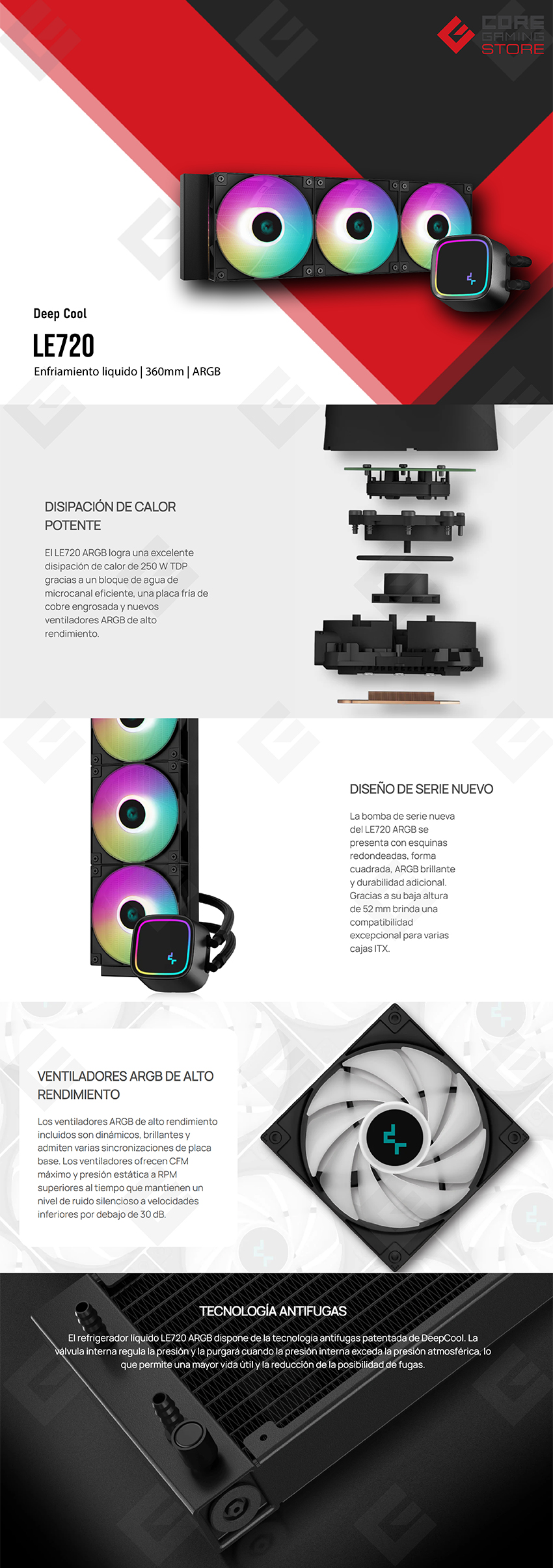 Enfriamiento Líquido DeepCool LE720, 360mm, 3 Ventiladores ARGB, Negro - R-LE720-BKAMMN-G-1