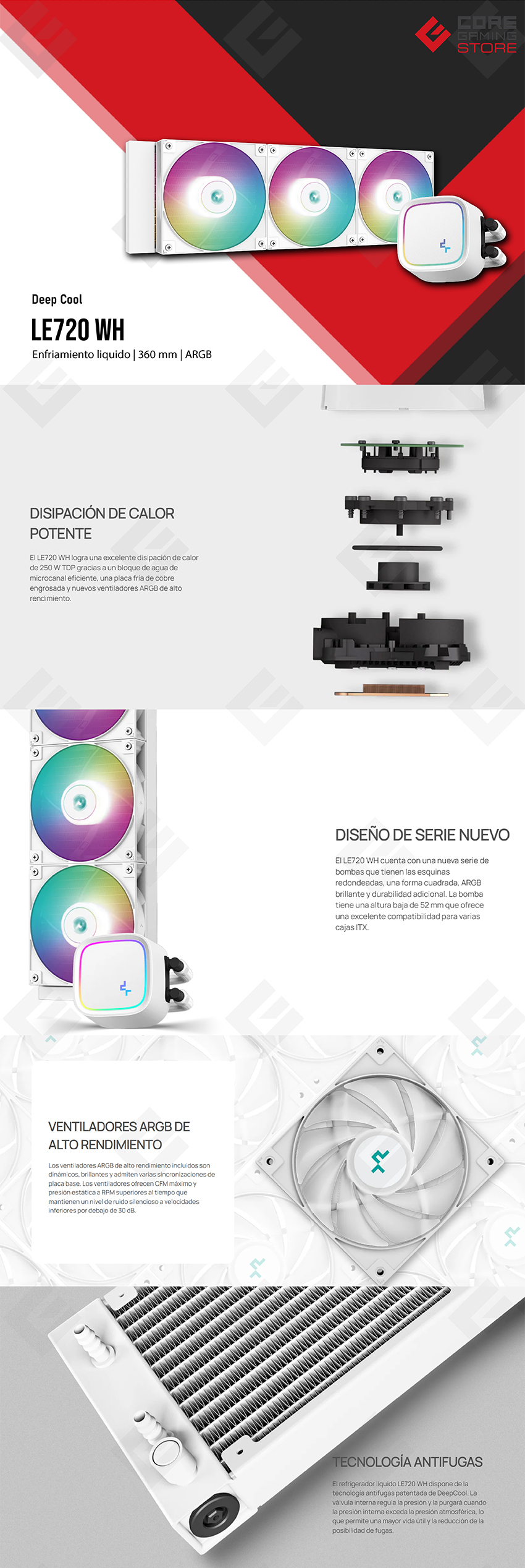 Enfriamiento Líquido DeepCool LE720 WH ARGB, 360mm, 3 Ventiladores, ARGB, Blanco - R-LE720-WHAMMN-G-1