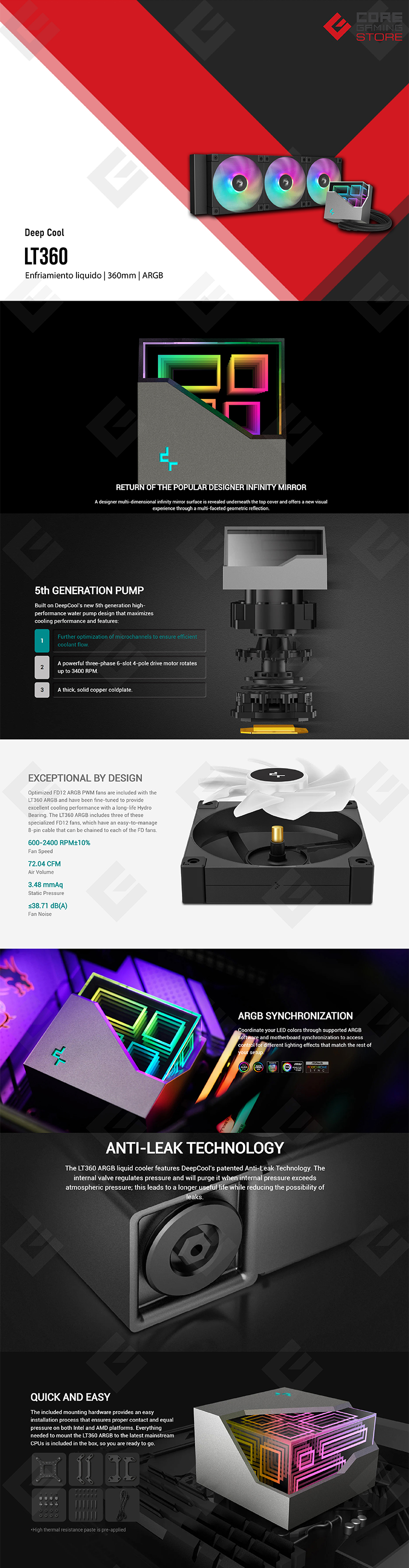 Enfriamiento Líquido DeepCool LT360 ARGB, 360mm, 3 Ventiladores ARGB, Negro - R-LT360-BKAMNC-G-1