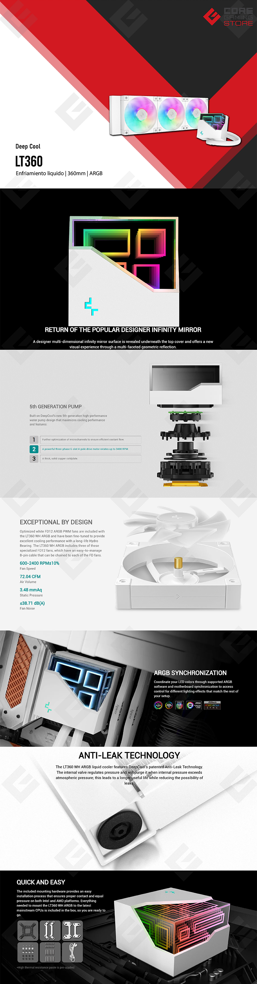 Enfriamiento Líquido DeepCool LT360 WH ARGB, 360mm, 3 Ventiladores ARGB, Blanco - R-LT360-WHAMNC-G-1