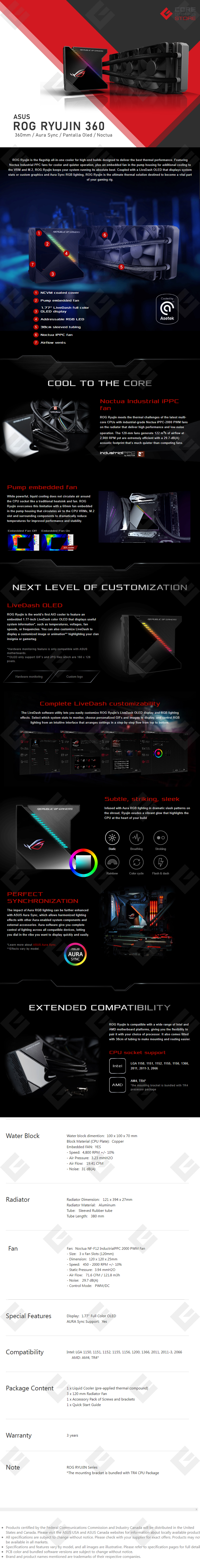 Enfriamiento Liquido Asus ROG Ryujin 360MM, Pantalla OLED, Aura Sync RGB, 3 Ventiladores Noctua iPPCC 2000 PWM 120mm