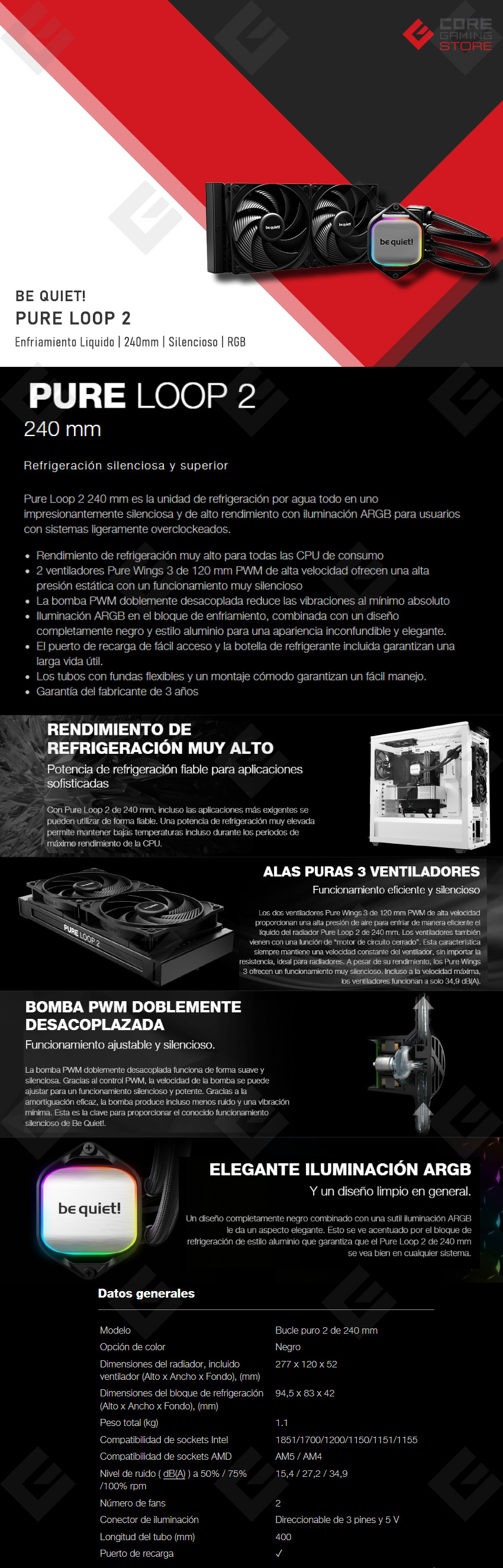 Enfriamiento Liquido Be Quiet! Pure Loop 2, 240mm, 2 Ventiladores RGB, Silencioso - BW017