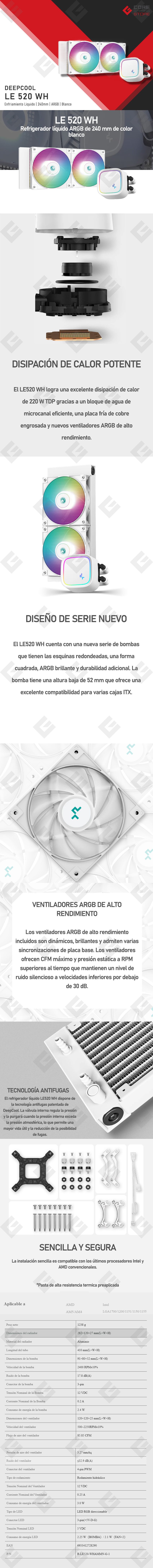 Enfriamiento Liquido DeepCool LE520 WH, 2 Ventiladores RGB, 240mm, Blanco - R-LE520-WHAMMN-G-1