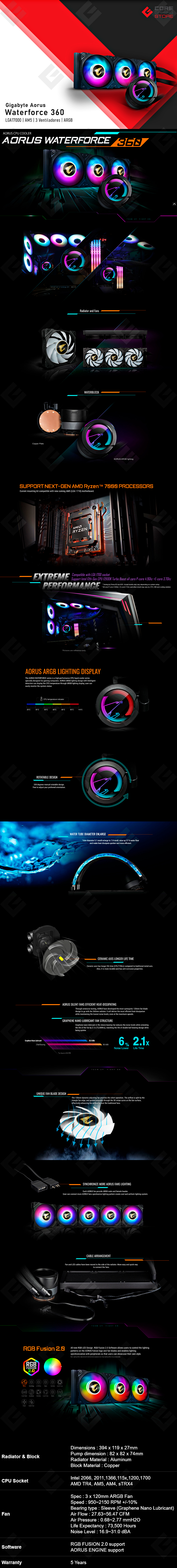 Enfriamiento Liquido Gigabyte Aorus Waterforce 360, 3 Ventiladores ARGB, 360mm, RGB Fusion 2.0 - GP-AORUS-WATERFORCE-360
