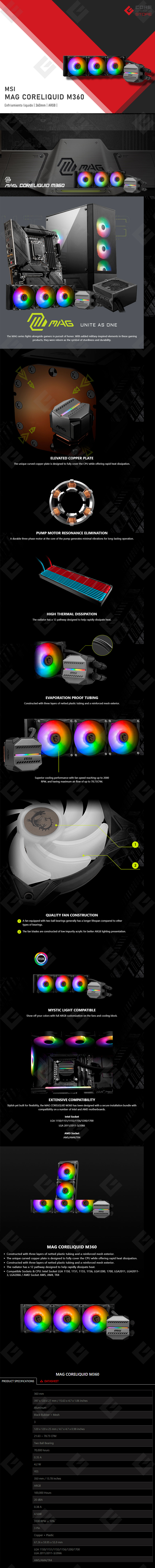 Enfriamiento Liquido MSI Coreliquid 360M, Negro, 360mm, 3 Ventiladores ARGB - 306-7ZW4R24-813