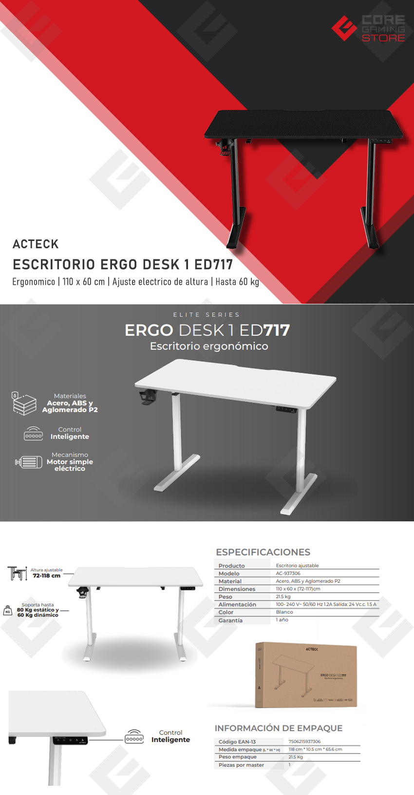 Escritorio Acteck Ergo Desk 1 ED717, Ajuste de altura electronico, 110 x 60 cm, Hasta 60kg, Negro - AC-937290