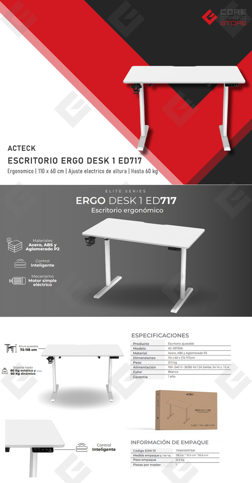 Escritorio Acteck Ergo Desk 1 ED717, Ajuste de altura electronico, 110 x 60 cm, Hasta 60kg, Blanco - AC-937306