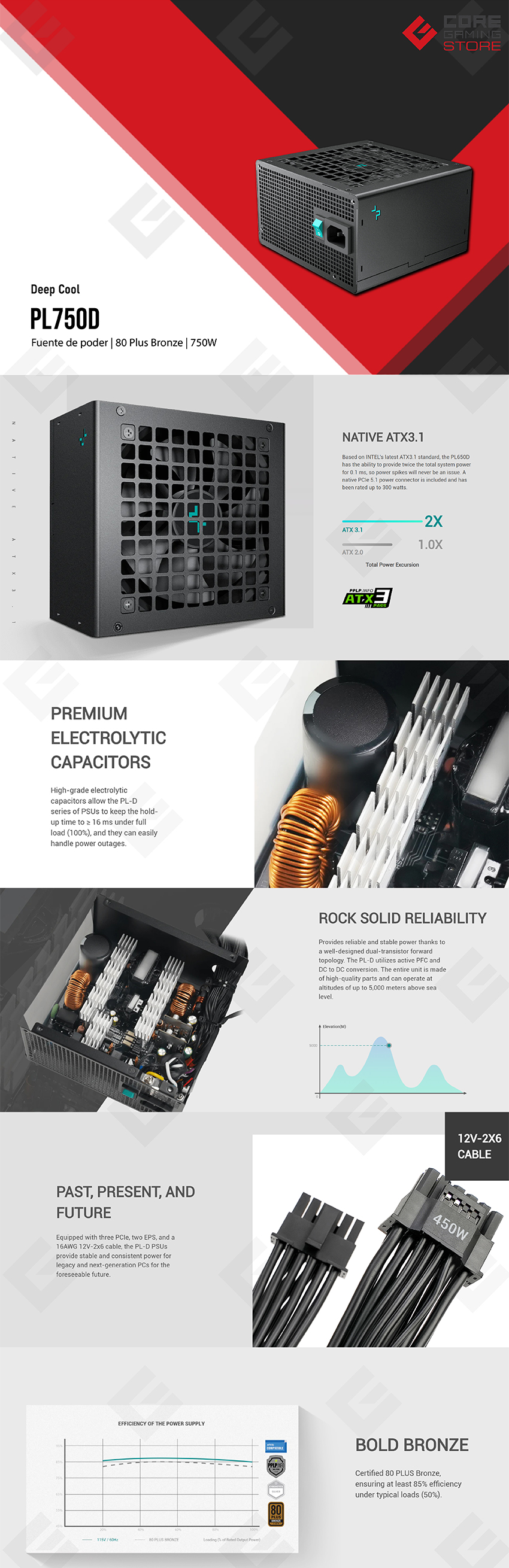 Fuente de Poder DeepCool PL750D, 750W, Negro, 80 Plus Bronze, ATX 3.1, No Modular - R-PL750D-FC0B-US-V2