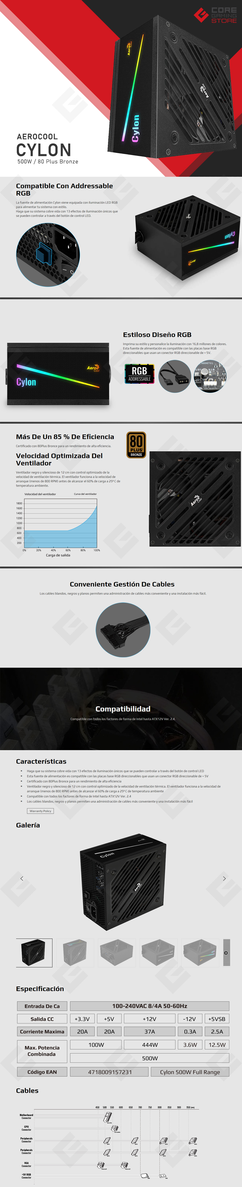 Fuente de Poder Aerocool 500W 80 Plus Bronze Cylon RGB