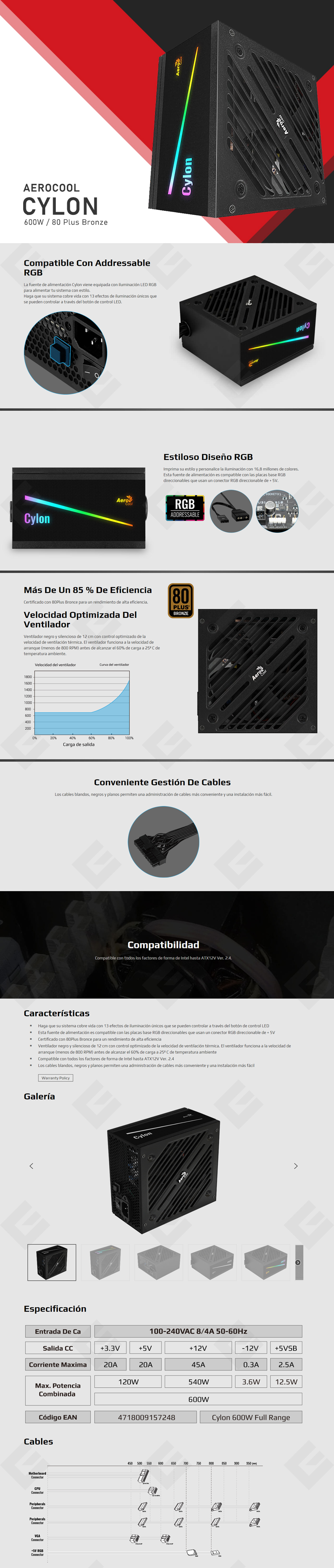 Fuente de Poder Aerocool 600W 80 Plus Bronze Cylon RGB