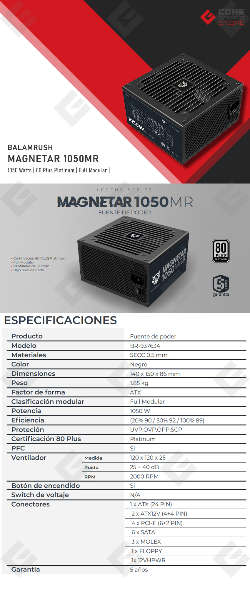 Fuente de Poder Balam Rush Magnetar 1050MR, 1050w, 80 Plus Platinum, Full Modular - BR-937634