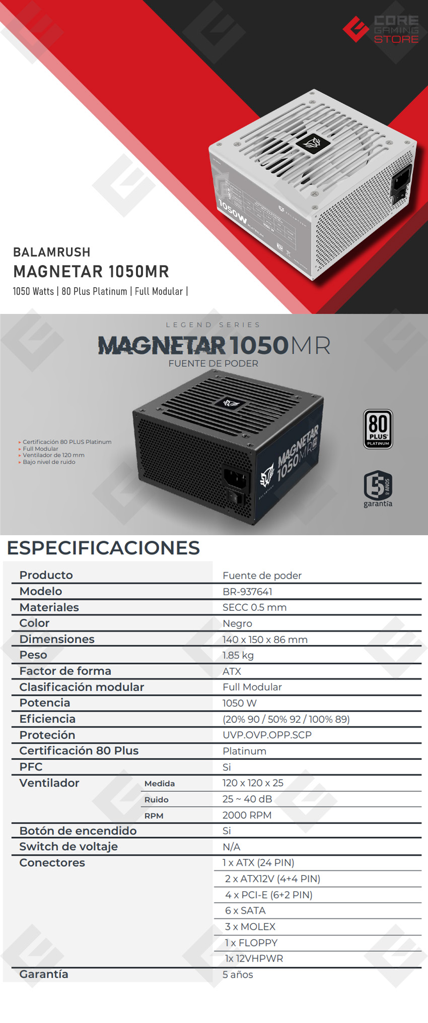 Fuente de Poder Balam Rush Magnetar 1050MR, 1050w, 80 Plus Platinum, Full Modular, Blanco - BR-937641