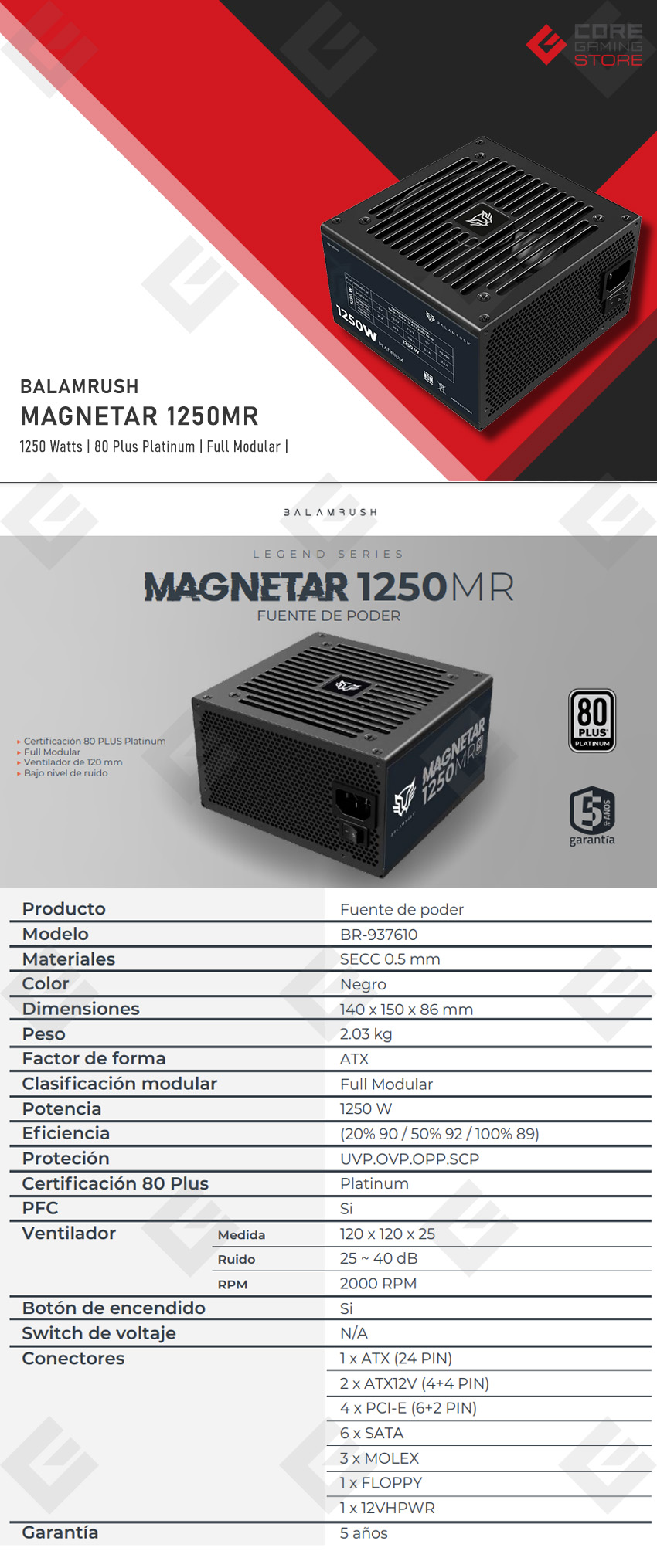 Fuente de Poder Balam Rush Magnetar 1250MR, 1250w, 80 Plus Platinum, Full Modular - BR-937610