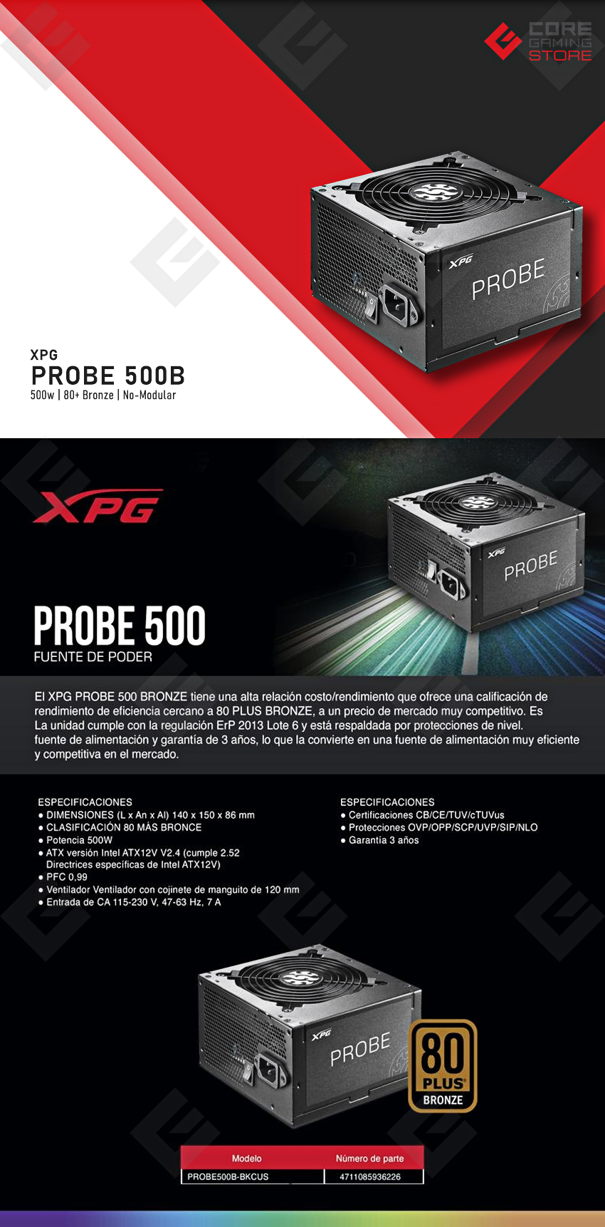 Fuente de Poder XPG Probe 500B | NEGRO | 80 Plus Bronce | No-Modular - PROBE500B-BKCUS