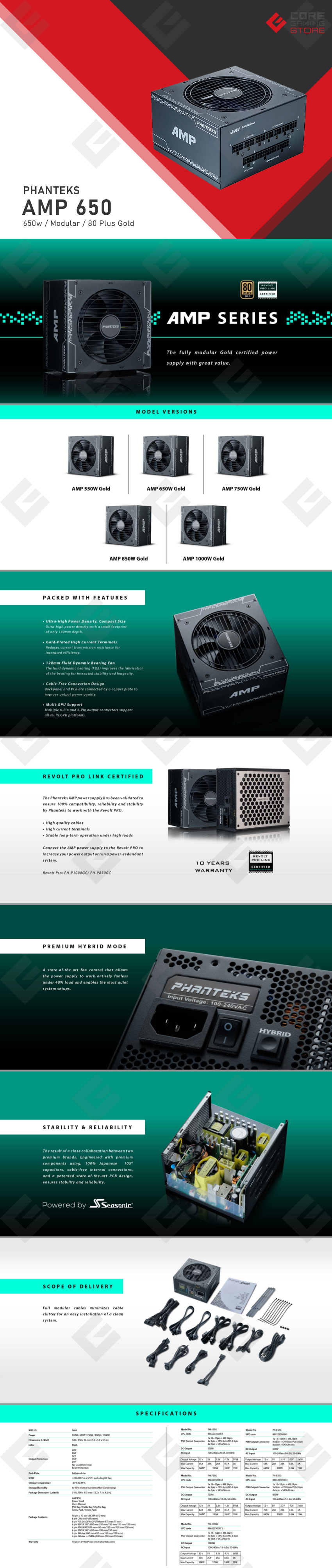 Fuente de Poder Phanteks AMP 650, 650W 80 Plus Gold, Full Modular - PH-650G-US