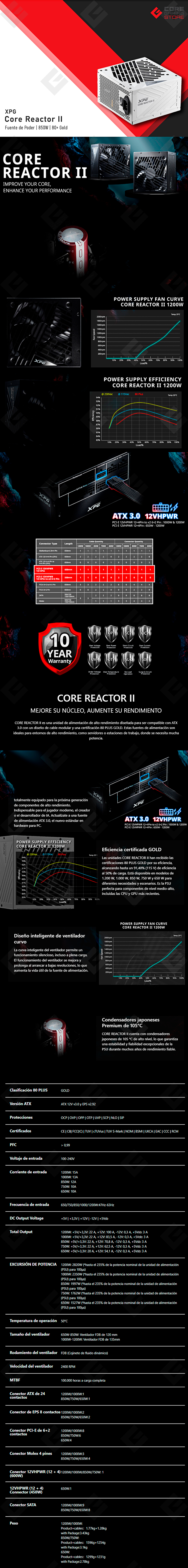 Fuente de Poder XPG Core Reactor II 850W, Blanca, 80+ Plus Gold, Full Modular - COREREACTORII850G-WHCUS 