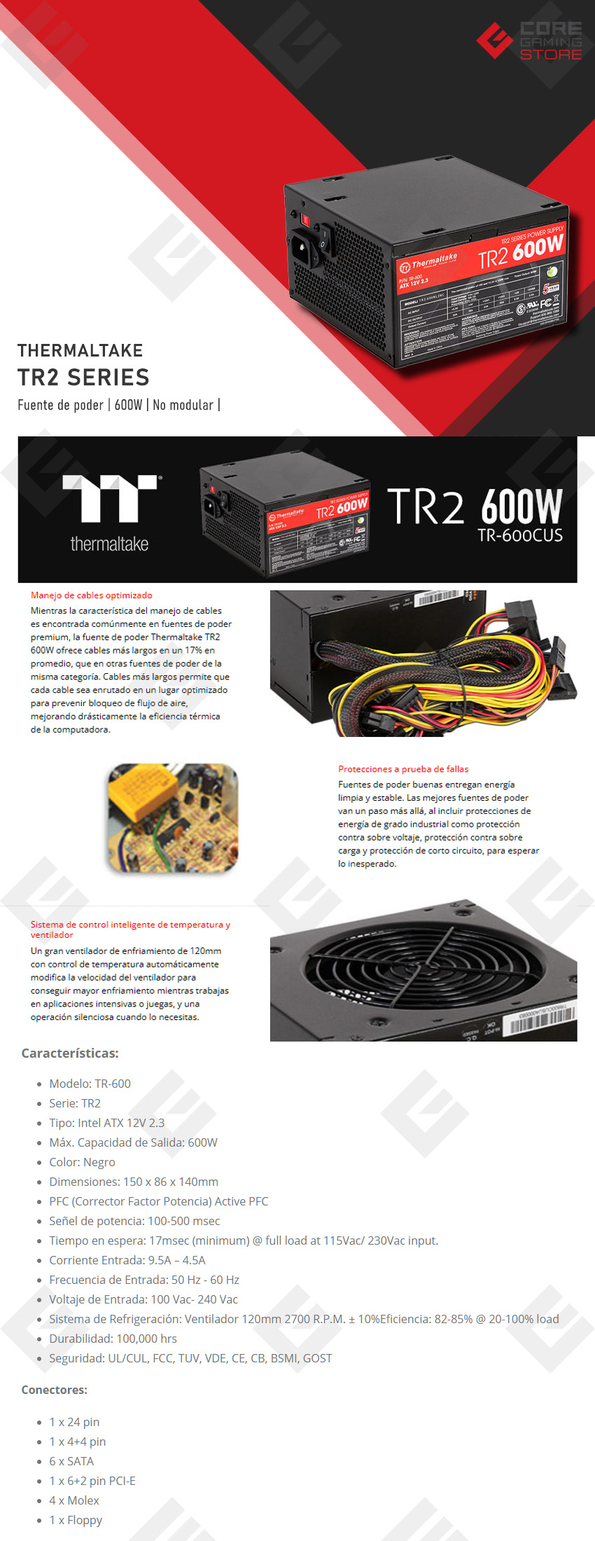 Fuente de Poder Thermaltake TR2, 600w, No Modular - TR-600CUS