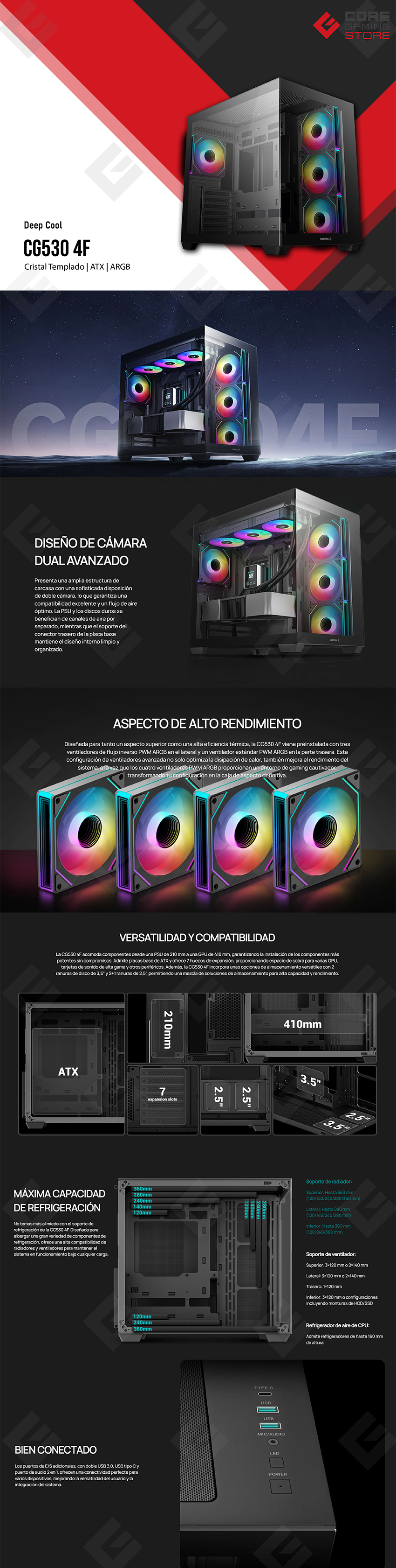 Gabinete DeepCool CG530 4F, Negro, 4 Ventiladores ARGB, Cristal Templado, ATX, Doble Cámara - R-CG530-BKADA4-G-1