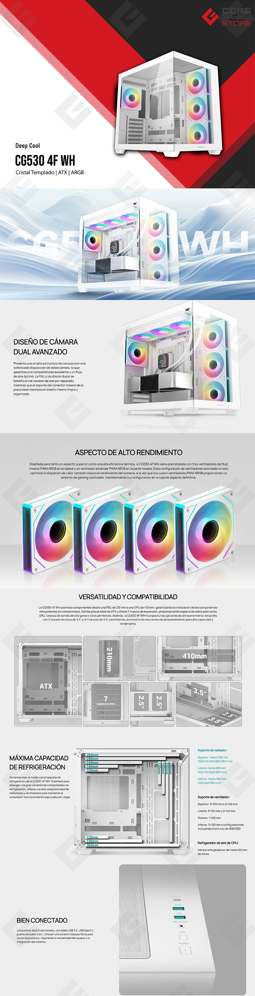 Gabinete DeepCool CG530 4F WH, Blanco, 4 Ventiladores ARGB, Cristal Templado, ATX, Doble Cámara - R-CG530-WHADA4-G-1