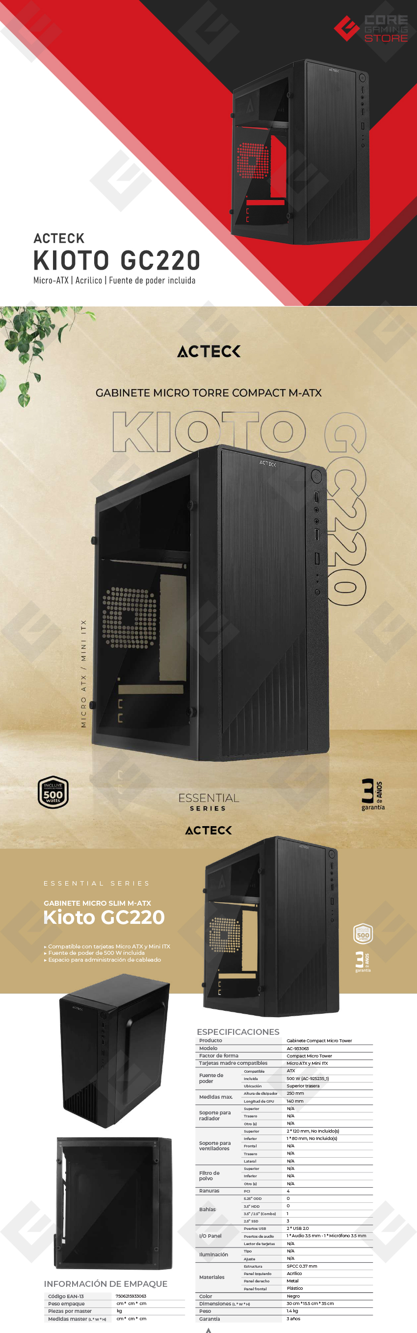 Gabinete Acteck Kioto GC220 Essential, Micro-ATX, Incluye fuente de 500w, Panel de Acrilico - AC-933063