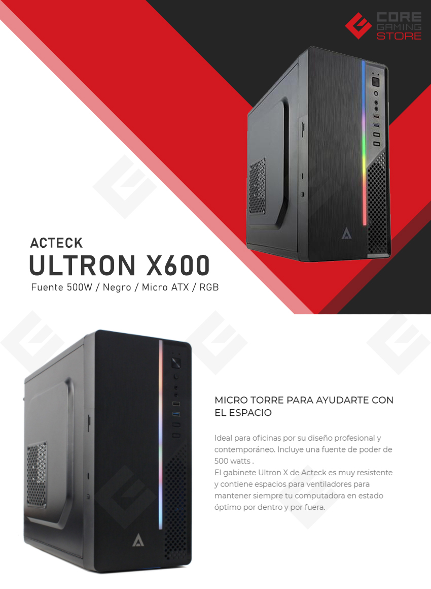 Gabinete Acteck Ultron X600, Micro-ATX, RGB, Incluye fuente de 500w
