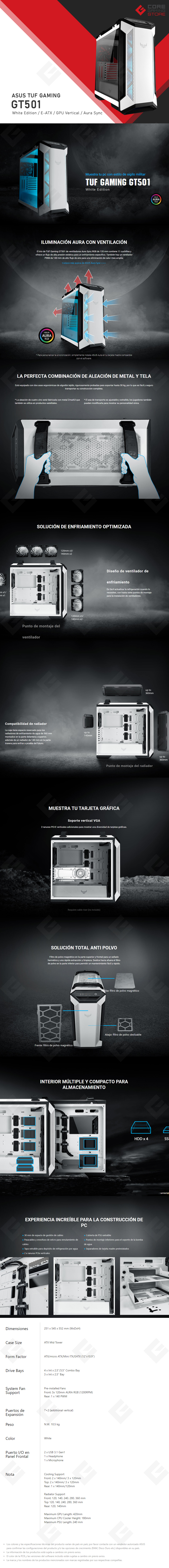 Gabinete Asus TUF Gaming GT501 WT, Soporta formatos EATX, Panel de vidrio templado, Aura Sync