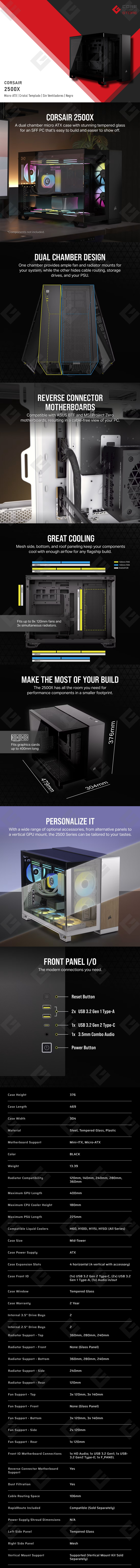 Gabinete Corsair 2500X, Micro-ATX, Cristal Templado Panoramico, Doble Camara, Compatible con BTF, Sin Ventiladores, Negro - CC-9011265-WW