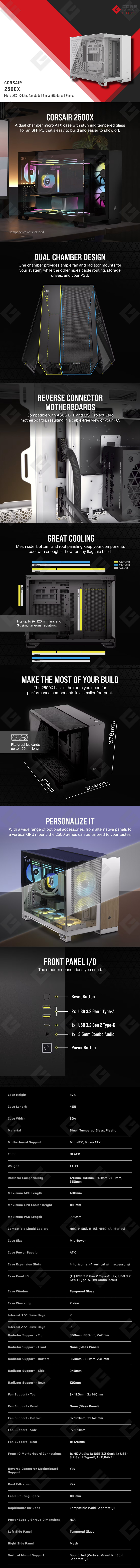 Gabinete Corsair 2500X, Micro-ATX, Cristal Templado Panoramico, Doble Camara, Compatible con BTF, Sin Ventiladores, Blanco - CC-9011266-WW