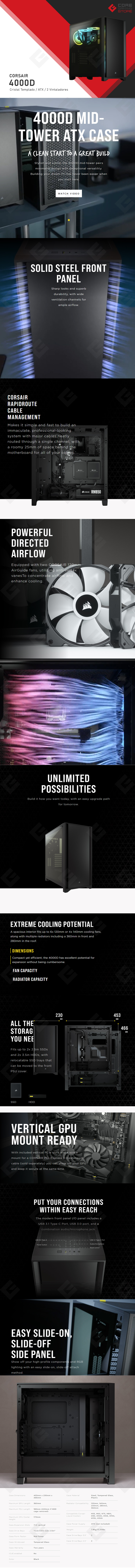 Gabinete Corsair 4000D Negro, Cristal Templado, 2 Ventiladores, ATX - CC-9011198-WW