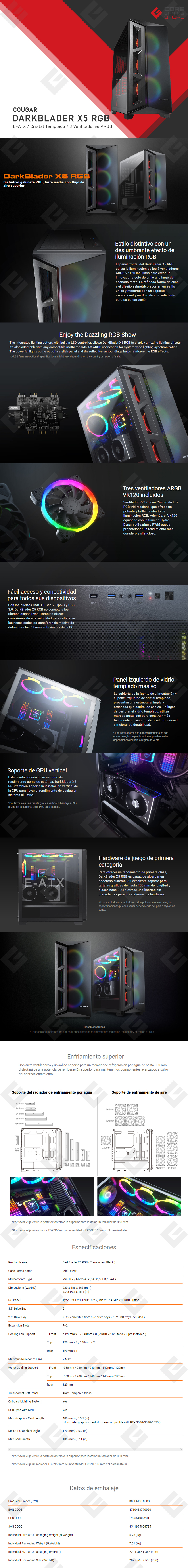 Gabinete Cougar Darkblader X5 RGB, E-ATX, Cristal Templado, Negro Translucido, 3 Ventilador ARGB VK120, CGR-5UM3TB-X5-RGB