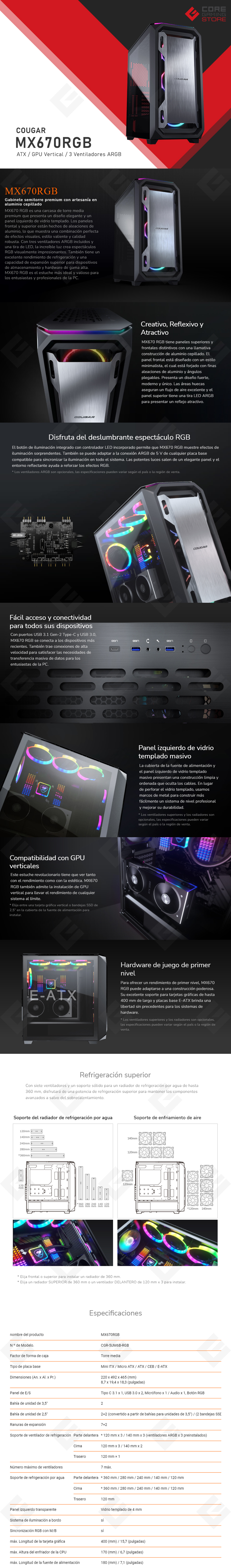 Gabinete Cougar MX670 RGB, Cristal Templado, 3 Ventiladores ARGB, Sporte GPU Vertical, ATX - 385UM60.0001