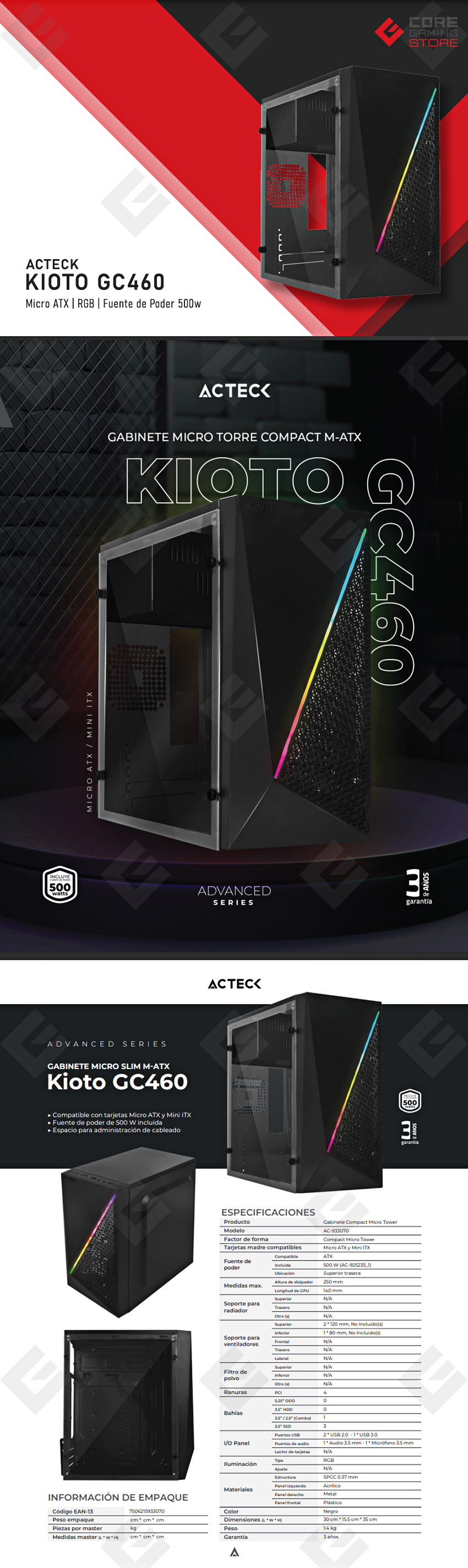 Gabinete Acteck Kioto GC460 RGB Essential, Micro-ATX, Incluye fuente de 500w, Panel de Acrilico - AC-933070