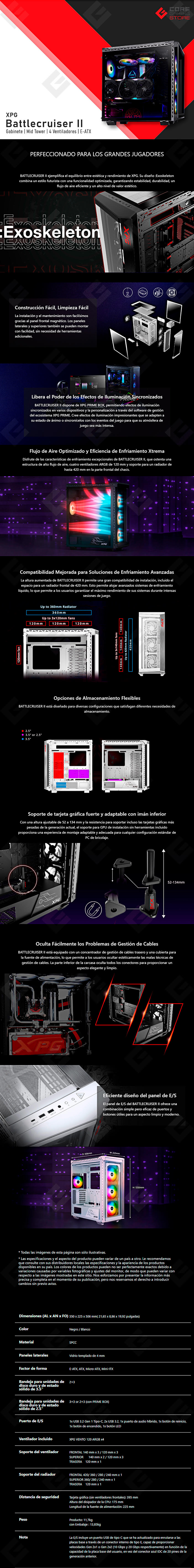 Gabinete XPG Battlecruiser II RGB, Negro, E-ATX, 4 Ventiladores, Cristal Templado - BATTLECRUISERIIST-BKCWW