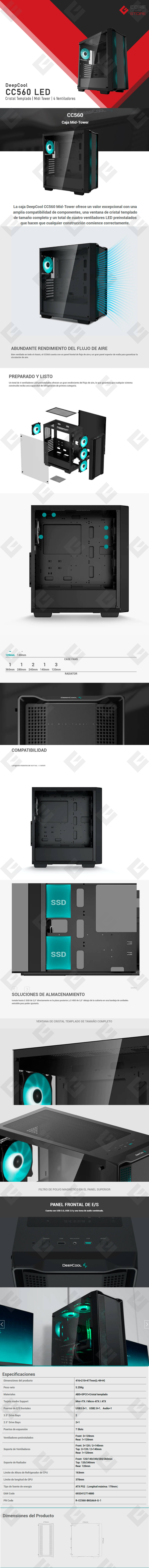 Gabinete DeepCool CC560, Midtower, Incluye 4 ventiladores, Mini-ITX / Micro-ATX / ATX, R-CC560-BKGAA4-G-1