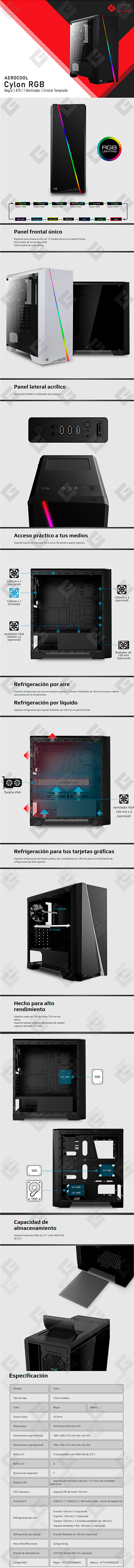 Gabinete Aerocool Cylon RGB Negro, Cristal Templado, 1 Ventilador, ATX - 4718009152335