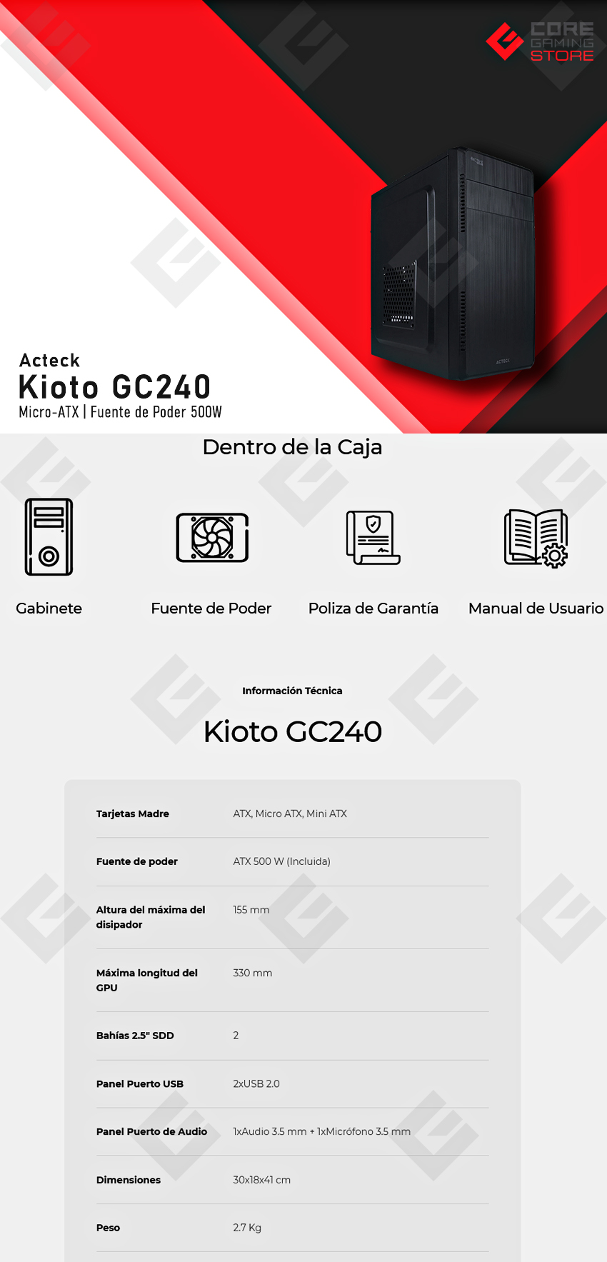 Gabinete Acteck Kioto GC240, Micro-ATX, Incluye fuente de 500w - AC-932547