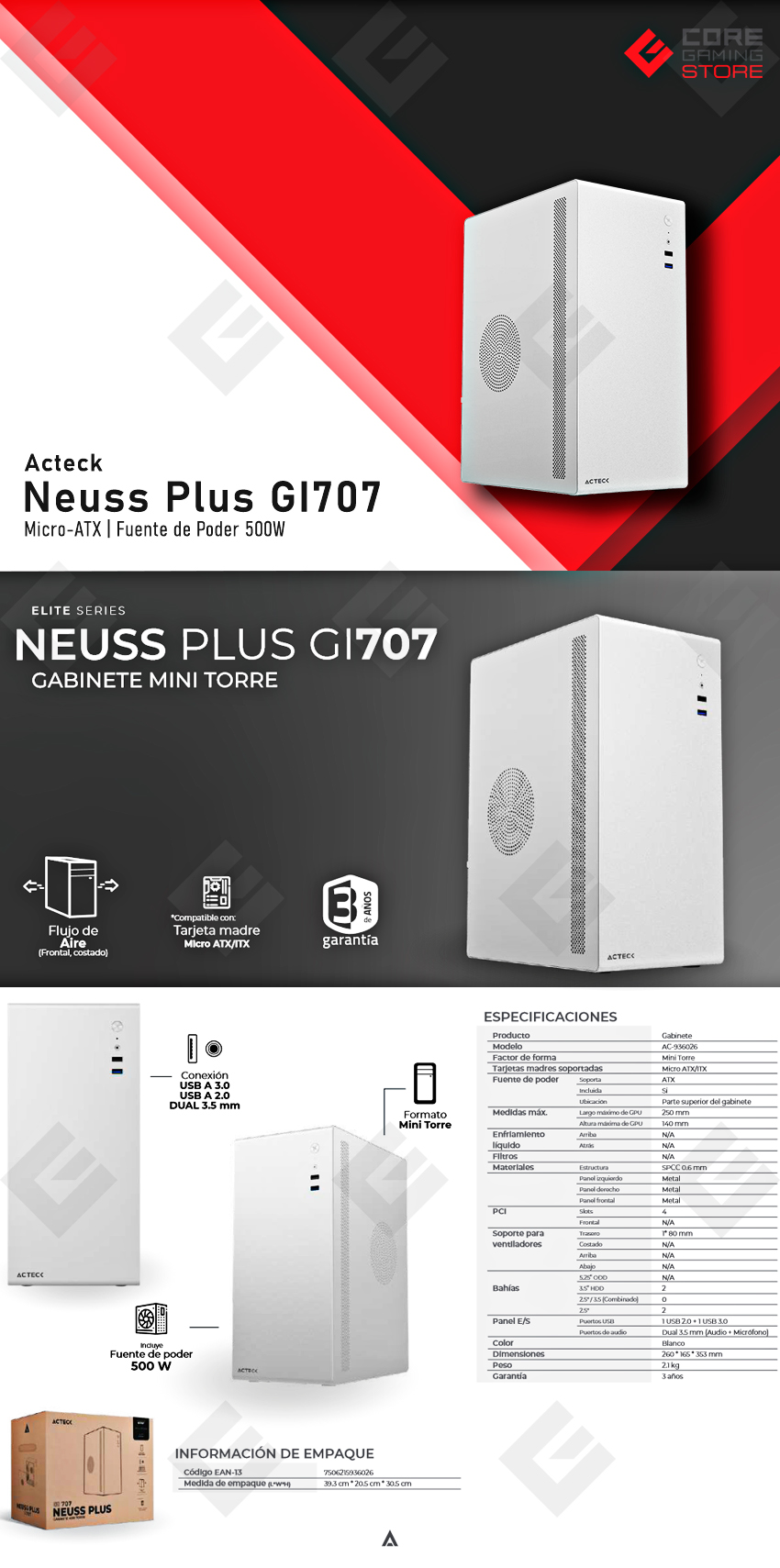 Gabinete Acteck Neuss Plus GI707, Micro-ATX, Incluye fuente de 500w - AC-936019