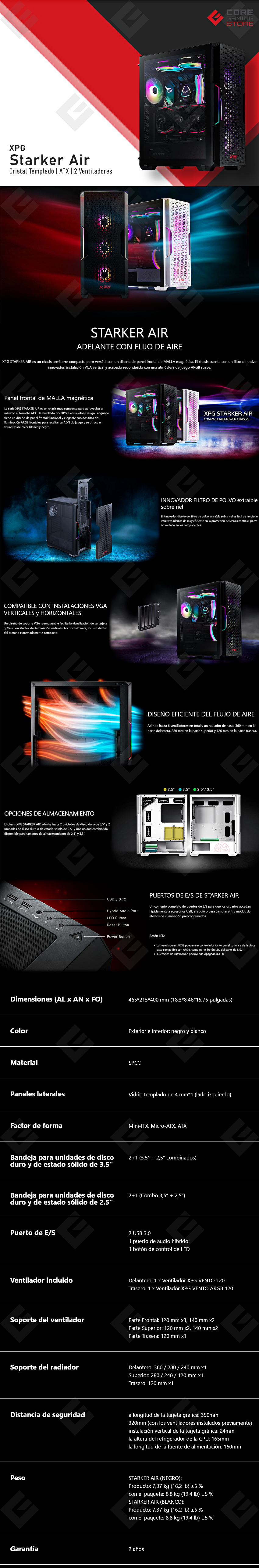 Gabinete XPG Starker Air RGB | Negro | ATX | 2 Ventiladores | Cristal Templado - STARKERAIR-BKCWW