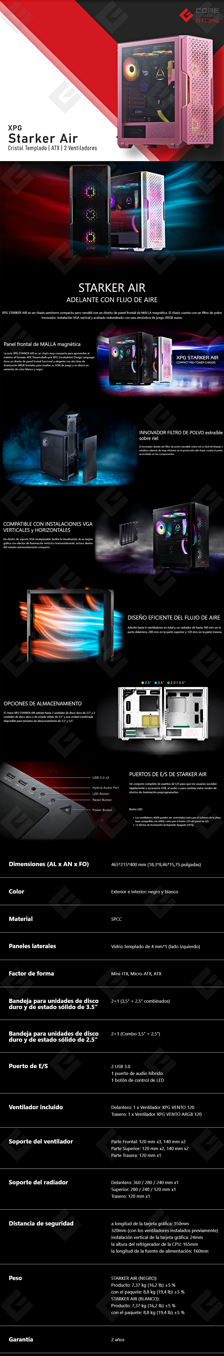 Gabinete XPG Starker Air RGB | Rosa | ATX | 2 Ventiladores | Cristal Templado - STARKERAIR-PKCUS