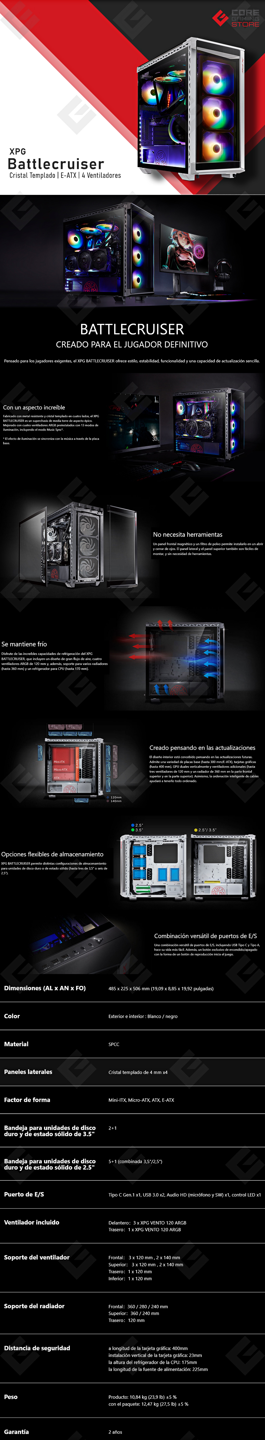 Gabinete XPG Battlecruiser | Blanco | E-ATX | 4 Ventiladores | Cristal Templado - BATTLECRUISER-WHCWW