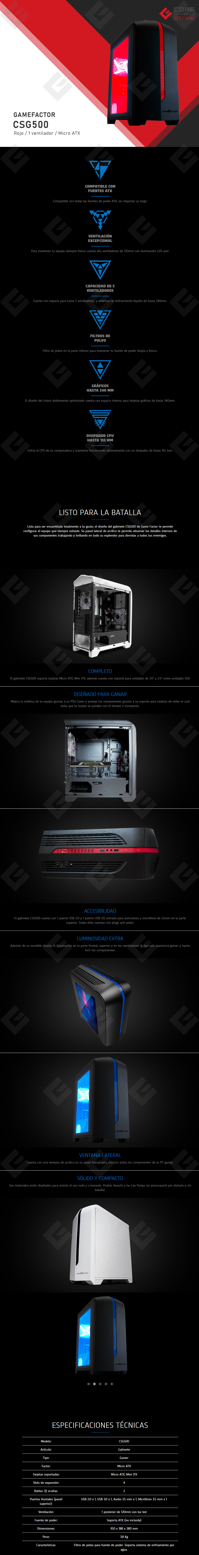Gabinete GameFactor CSG500-RD | Negro con Rojo | Panel de Acrílico | Micro ATX | 1 Ventilador