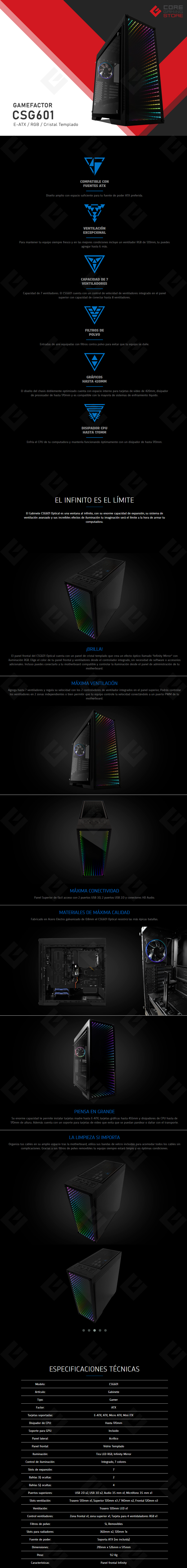 Gabinete GameFactor CSG601 | RGB | Vidrio Templado | Panel frontal Infinity | ATX | 1 Ventilador