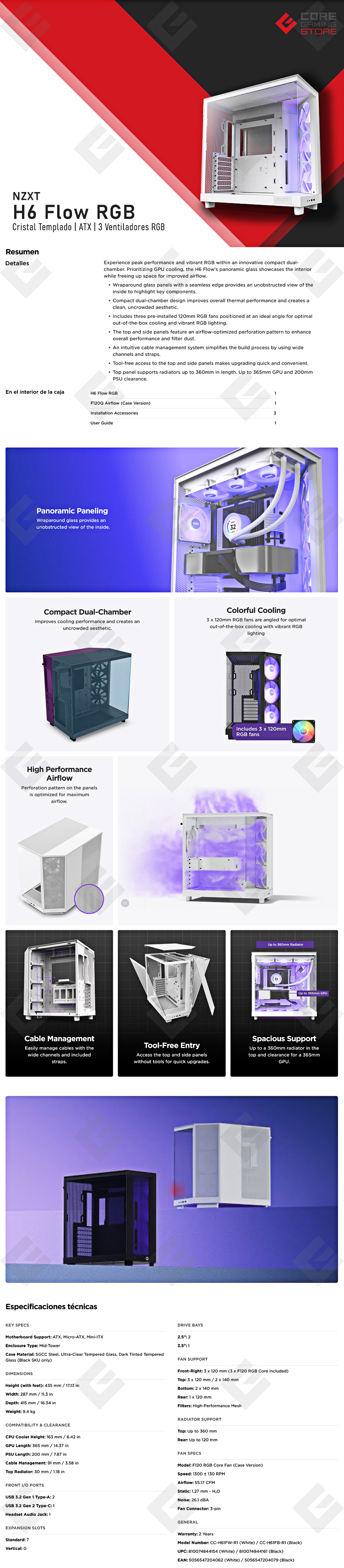 Gabinete NZXT H6 Flow RGB Blanco, ATX, Cristal Templado, 3 Ventiladores RGB - CC-H61FW-R1