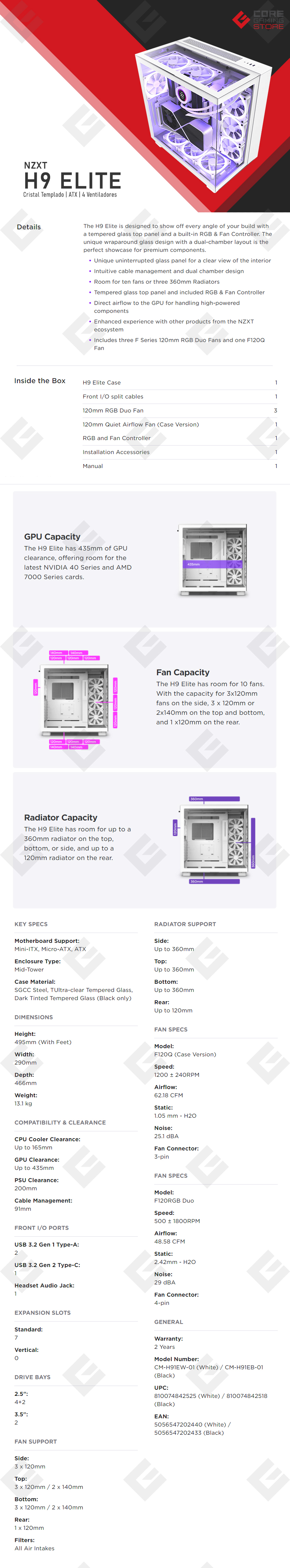 Gabinete NZXT H9 Elite Blanco, ATX, Cristal Templado, 3 Ventiladores RGB, 1 Ventilador sin RGB - CM-H91EW-01