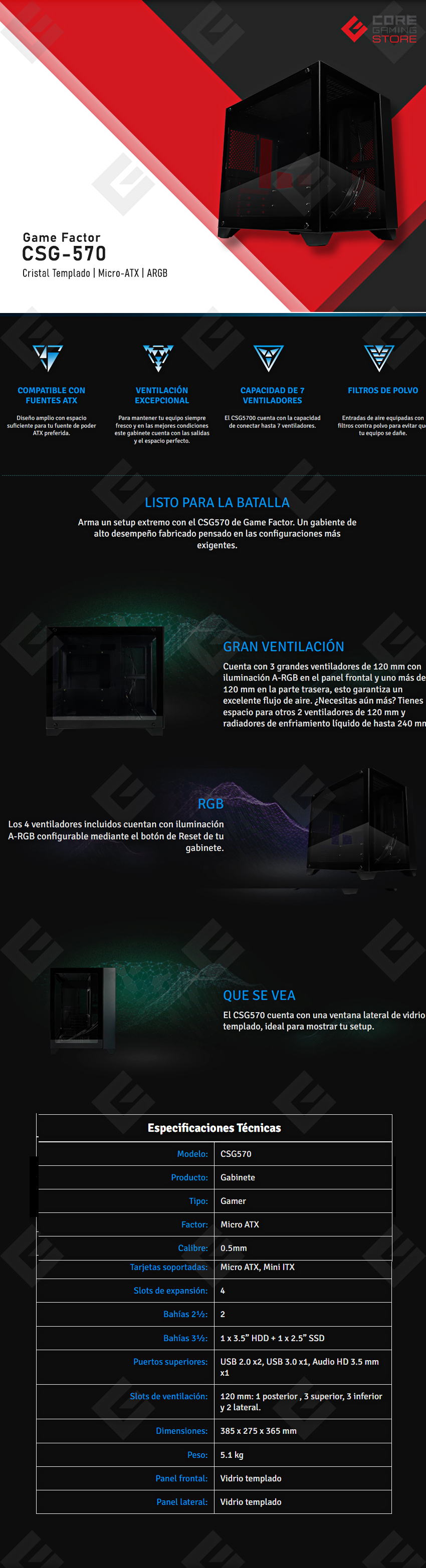 Gabinete GameFactor CSG-570, Micro-ATX , RGB, Cristal Templado, - CSG-570