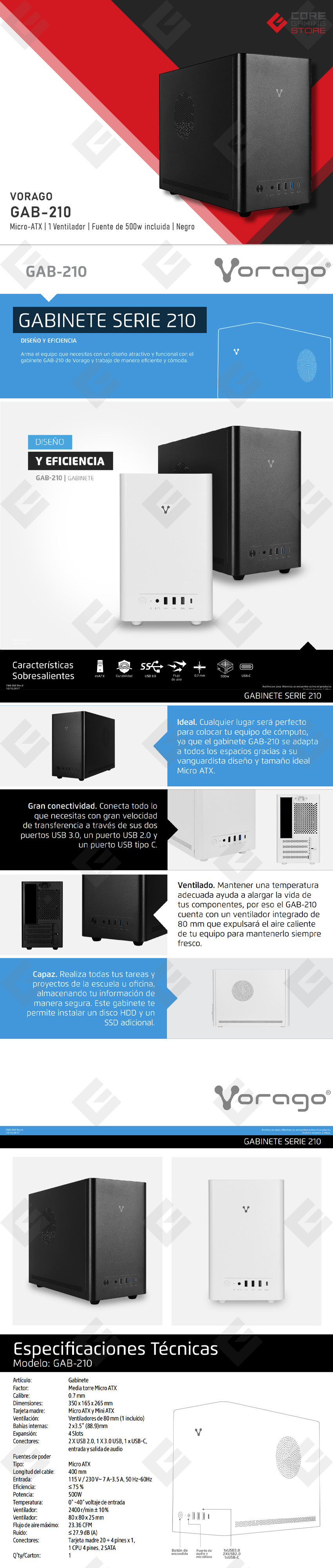 Gabinete Vorago GAB-210, Micro-ATX, Mini-ITX, 1 Ventilador, Fuente 500W Incluida, Negro - GAB-210-BK