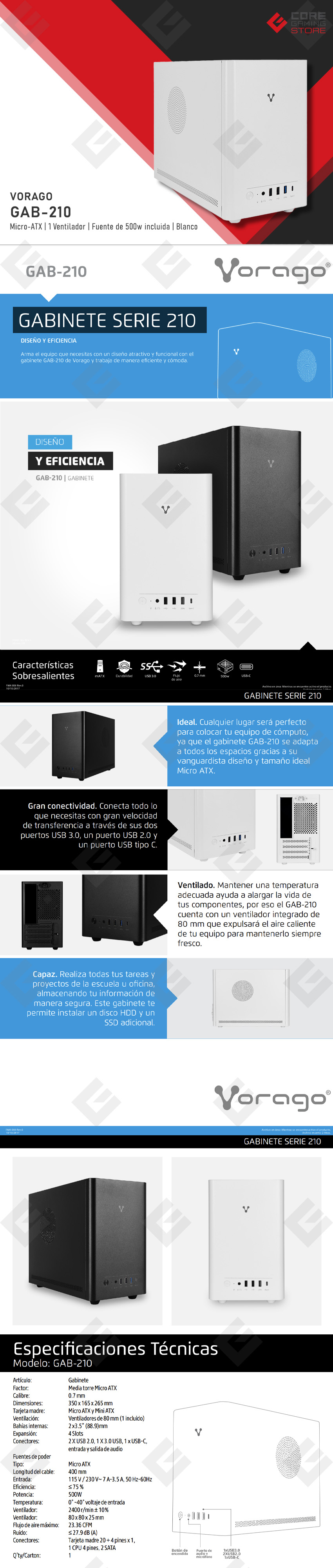 Gabinete Vorago GAB-210, Micro-ATX, Mini-ITX, 1 Ventilador, Fuente 500W Incluida, Blanco - GAB-210-WH